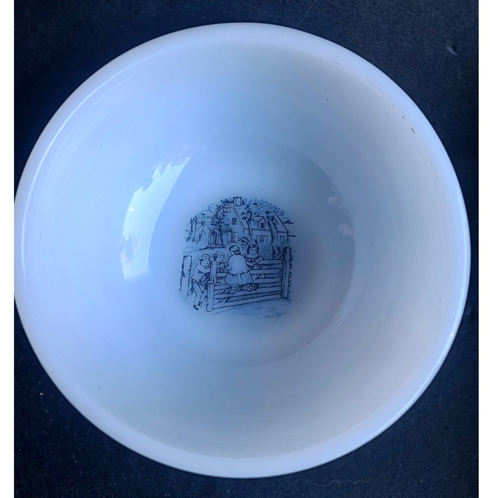 Vintage Fire King Milk Glass Cereal Bowl Blue Transferware Kids Currier & Ives